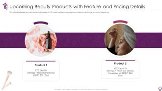 Pitch deck for beauty and personal upcoming beauty products with feature and pricing details