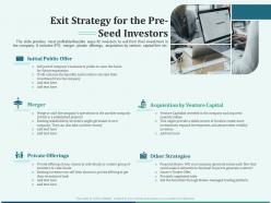 Pitch deck for early stage funding exit strategy for the pre seed investors ppt summary
