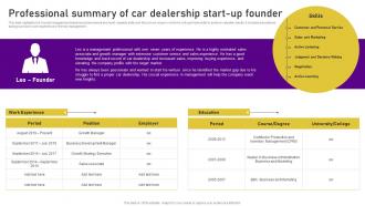 Planning A Car Dealership Professional Summary Of Car Dealership Start Up Founder BP SS