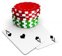 Play poker game with red green chips and two aces stock photo