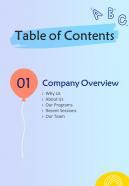Playschool Proposal Table Of Contents One Pager Sample Example Document