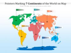 Pointers marking 7 continents of the world on map