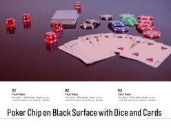 Poker chip on black surface with dice and cards