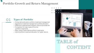 Portfolio Growth And Return Management Table Of Contents