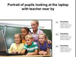 Portrait of pupils looking at the laptop with teacher near by