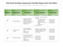 Post event activities assessment checklist report with user notes