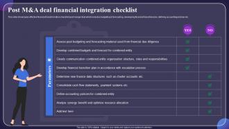 Post M And A Deal Financial Integration Checklist Post Merger Financial Integration CRP DK SS