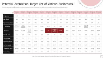 Potential Acquisition Target List Of Various Businesses