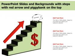 Powerpoint slides and backgrounds with steps with red arrow and piggybank on the top