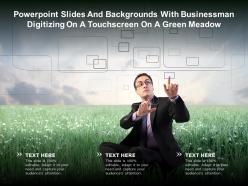 Powerpoint slides with businessman digitizing on a touchscreen on a green meadow