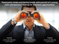 Powerpoint slides with portrait of a young male entrepreneur looking for business opportunities