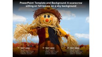 Powerpoint template and background a scarecrow sitting on fall leaves on a sky background