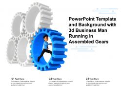 Powerpoint template and background with 3d business man running in assembled gears