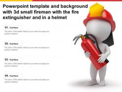Powerpoint template and background with 3d small fireman with the fire extinguisher and in a helmet