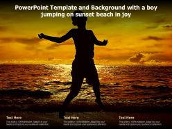 Powerpoint template and background with a boy jumping on sunset beach in joy