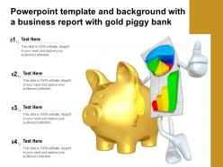 Powerpoint template and background with a business report with gold piggy bank