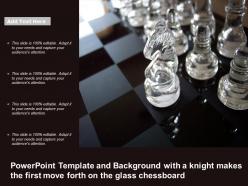 Powerpoint template and background with a knight makes the first move forth on the glass chessboard