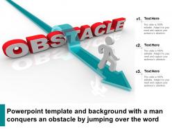 Powerpoint template and background with a man conquers an obstacle by jumping over the word