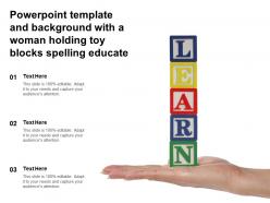 Powerpoint template and background with a woman holding toy blocks spelling educate