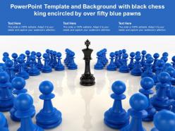 Powerpoint template and background with black chess king encircled by over fifty blue pawns