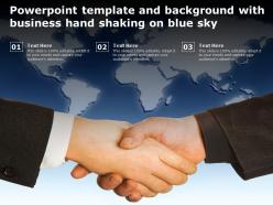 Powerpoint template and background with business hand shaking on blue sky