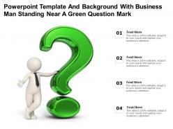 Powerpoint template and background with business man standing near a green question mark