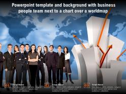 Powerpoint template and background with business people team next to a chart over a worldmap