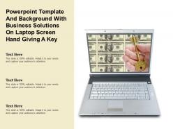Powerpoint template and background with business solutions on laptop screen hand giving a key