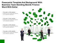 Powerpoint template and background with business team standing beside finance word with dollar