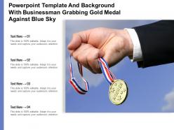 Powerpoint template and background with businessman grabbing gold medal against blue sky