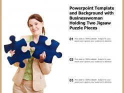 Powerpoint template and background with businesswoman holding two jigsaw puzzle pieces