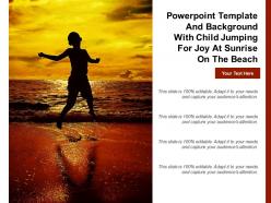 Powerpoint template and background with child jumping for joy at sunrise on the beach