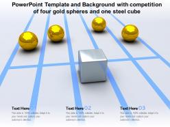 Powerpoint template and background with competition of four gold spheres and one steel cube