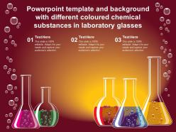 Powerpoint template and background with different coloured chemical substances in laboratory glasses