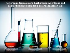 Powerpoint template and background with flasks and beaker filled with liquid in a science research lab
