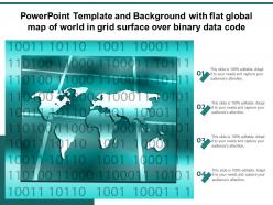 Powerpoint template and background with flat global map of world in grid surface over binary data code
