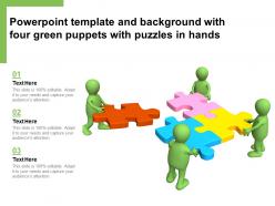 Powerpoint template and background with four green puppets with puzzles in hands