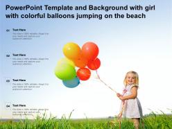 Powerpoint template and background with girl with colorful balloons jumping on the beach