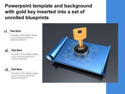 Powerpoint template and background with gold key inserted into a set of unrolled blueprints