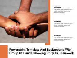 Powerpoint template and background with group of hands showing unity or teamwork