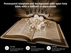 Powerpoint template and background with open holy bible with a daffodil in sepia mode