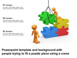 Powerpoint template and background with people trying to fit a puzzle piece using a crane