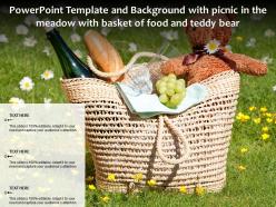 Powerpoint template and background with picnic in the meadow with basket of food and teddy bear