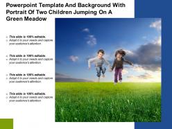 Powerpoint Template And Background With Portrait Of Two Children Jumping On A Green Meadow