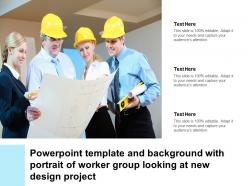 Powerpoint template and background with portrait of worker group looking at new design project