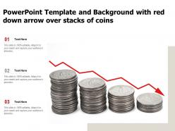 Powerpoint template and background with red down arrow over stacks of coins