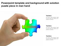 Powerpoint template and background with solution puzzle piece in man hand