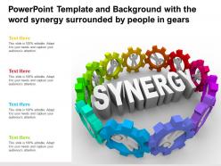 Powerpoint template and background with the word synergy surrounded by people in gears
