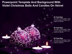 Powerpoint template and background with violet christmas balls and candles on velvet