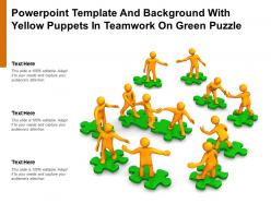 Powerpoint template and background with yellow puppets in teamwork on green puzzle